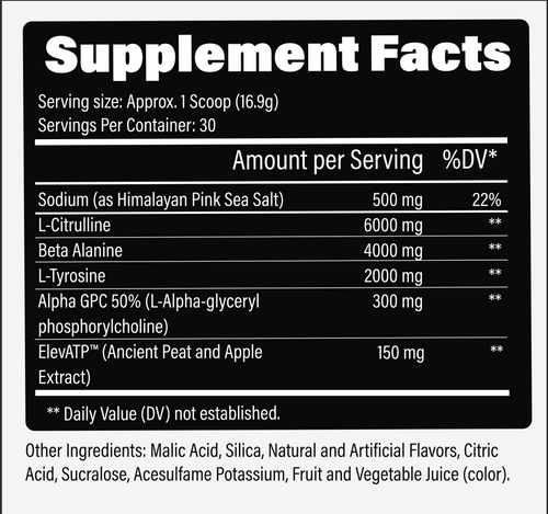 Supplement facts label with various ingredients and their amounts per serving.